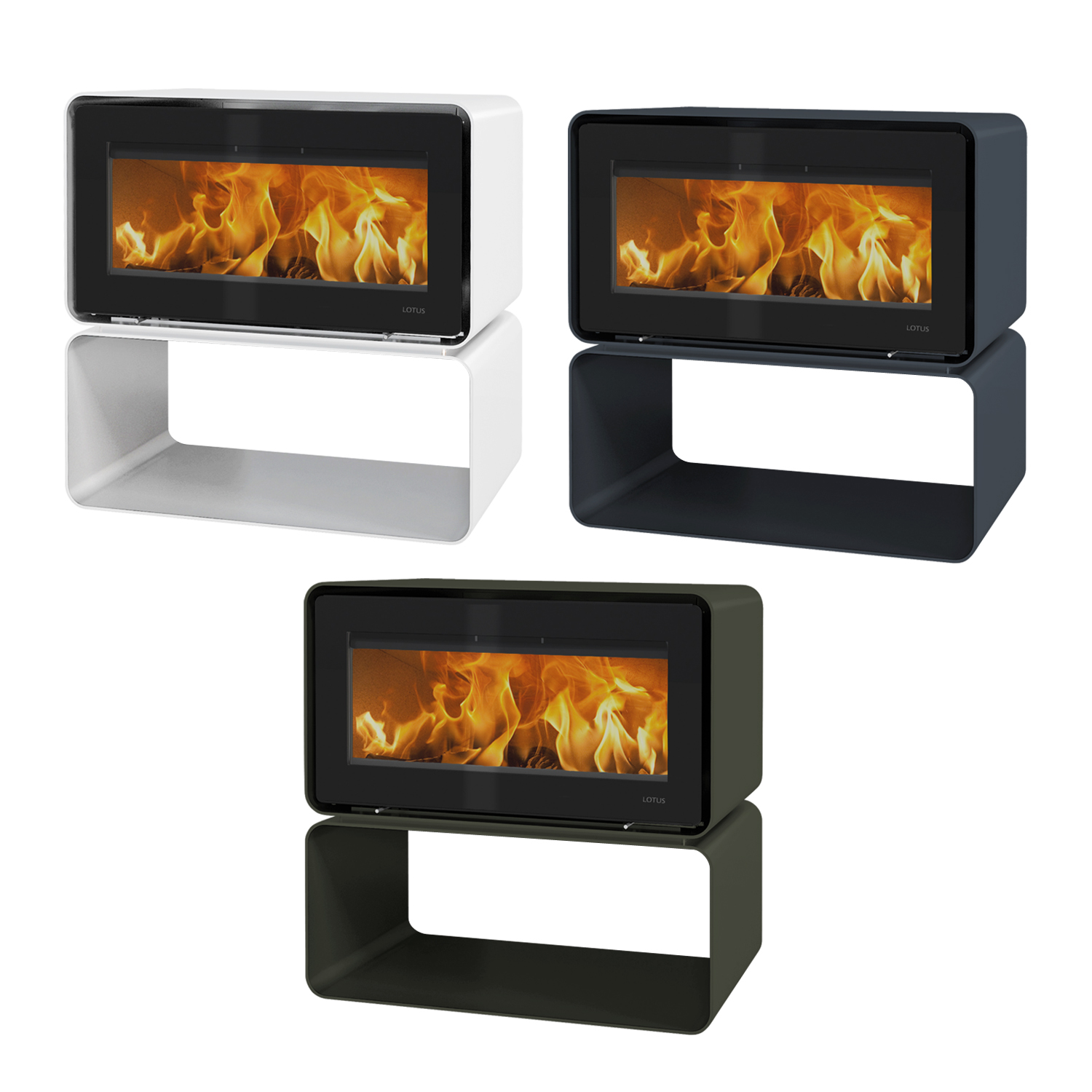 Poêle à bois Lotus Living Cube Alpin White, évacuation des fumées à l'arrière