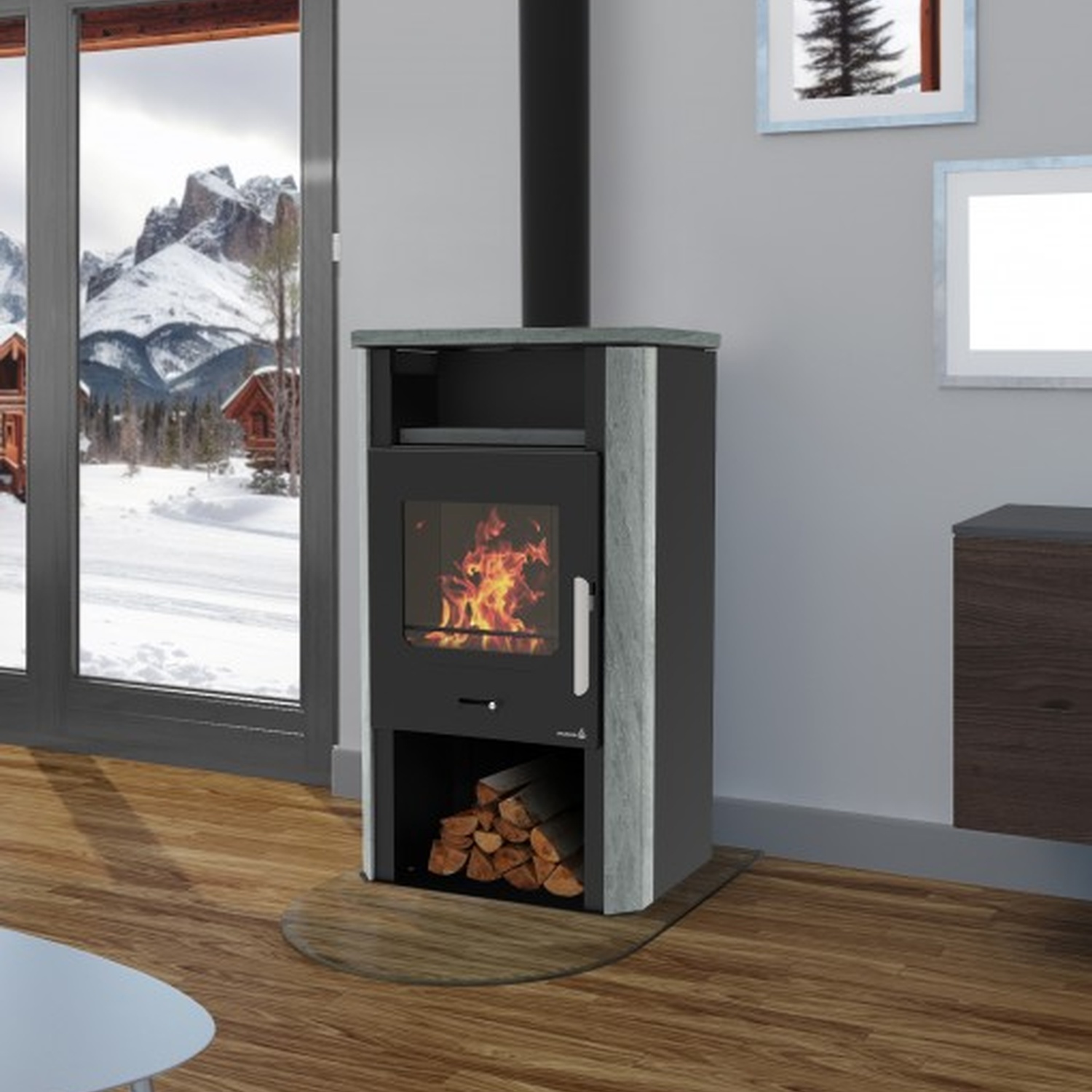 Wamsler poêle à bois « Cube » noir pierre naturelle