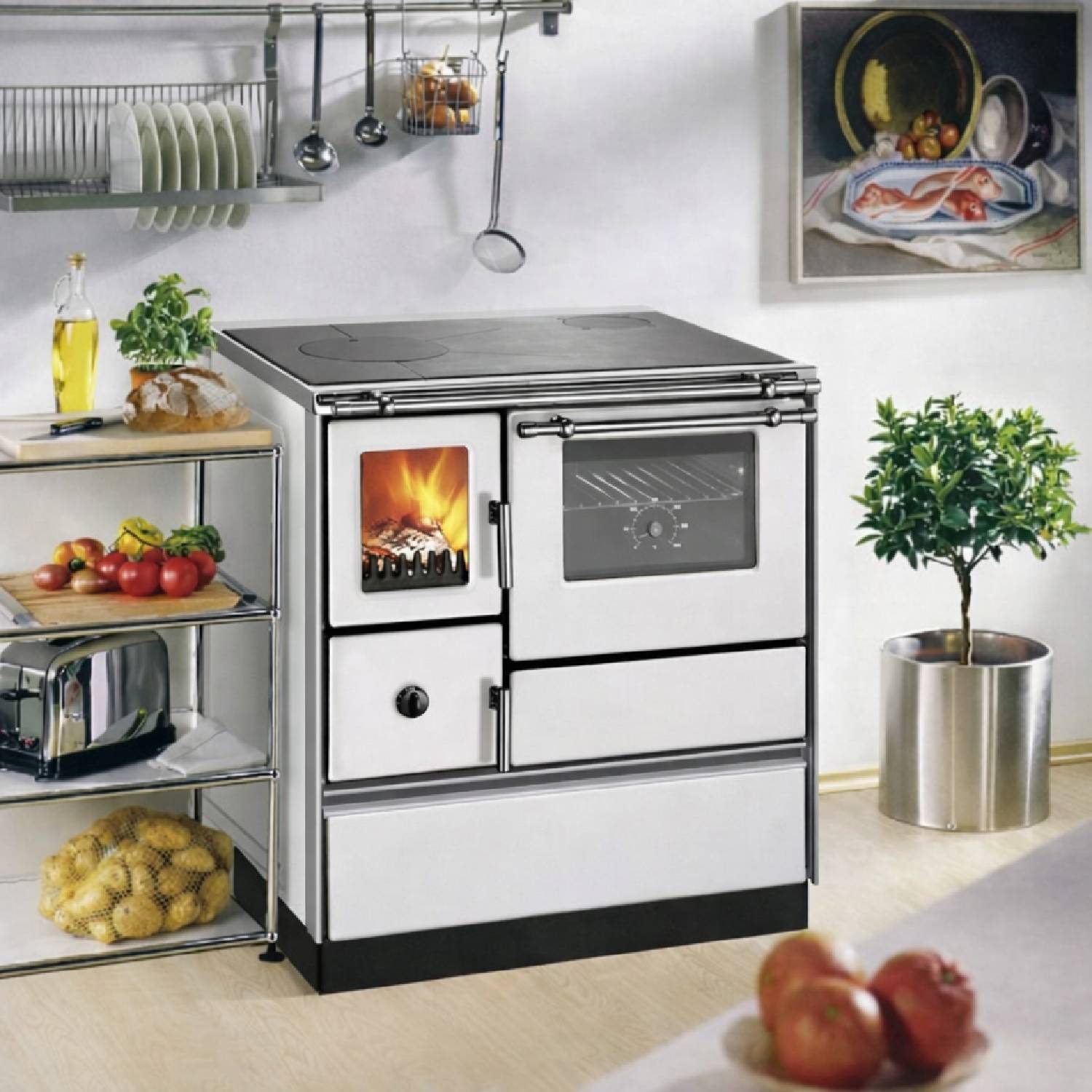 Westminster cuisinière à bois K 76F-70 avec fenêtre blanc raccordement tuyaux à droite