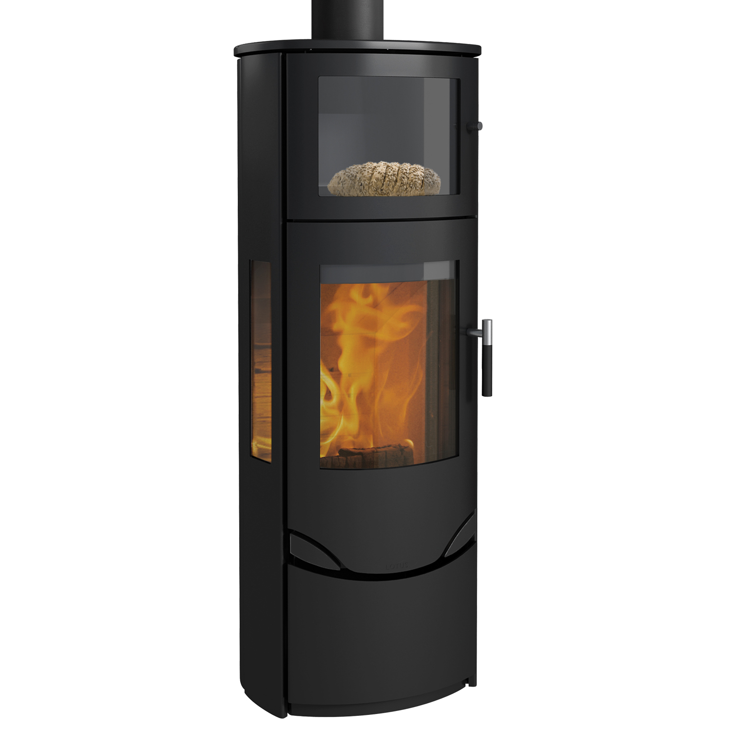 Poêle à bois Lotus Prio 7 Noir / Vitre latérale avec compartiment de cuisson, évacuation des fumées par le haut