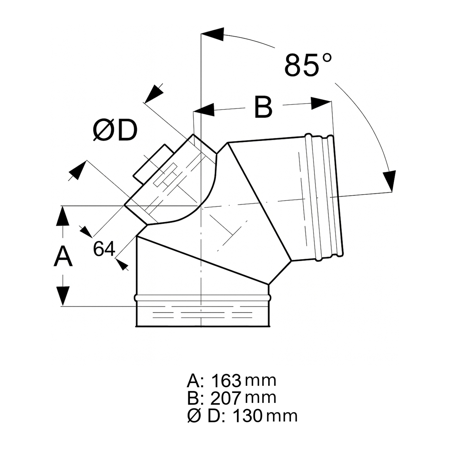 Schiedel ICS coude 85° Ø130 mm avec trappe de visite pour combustibles solides double paroi brillant