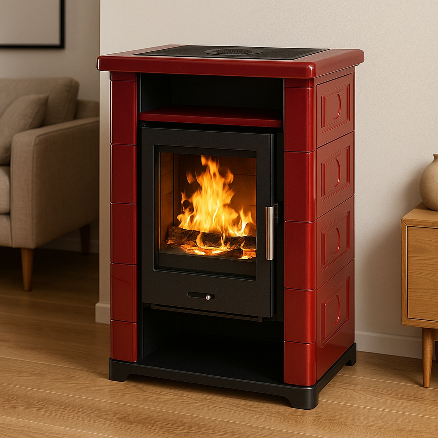 Wamsler poêle à bois « Montafon » céramique bordeaux nouveauté 2025