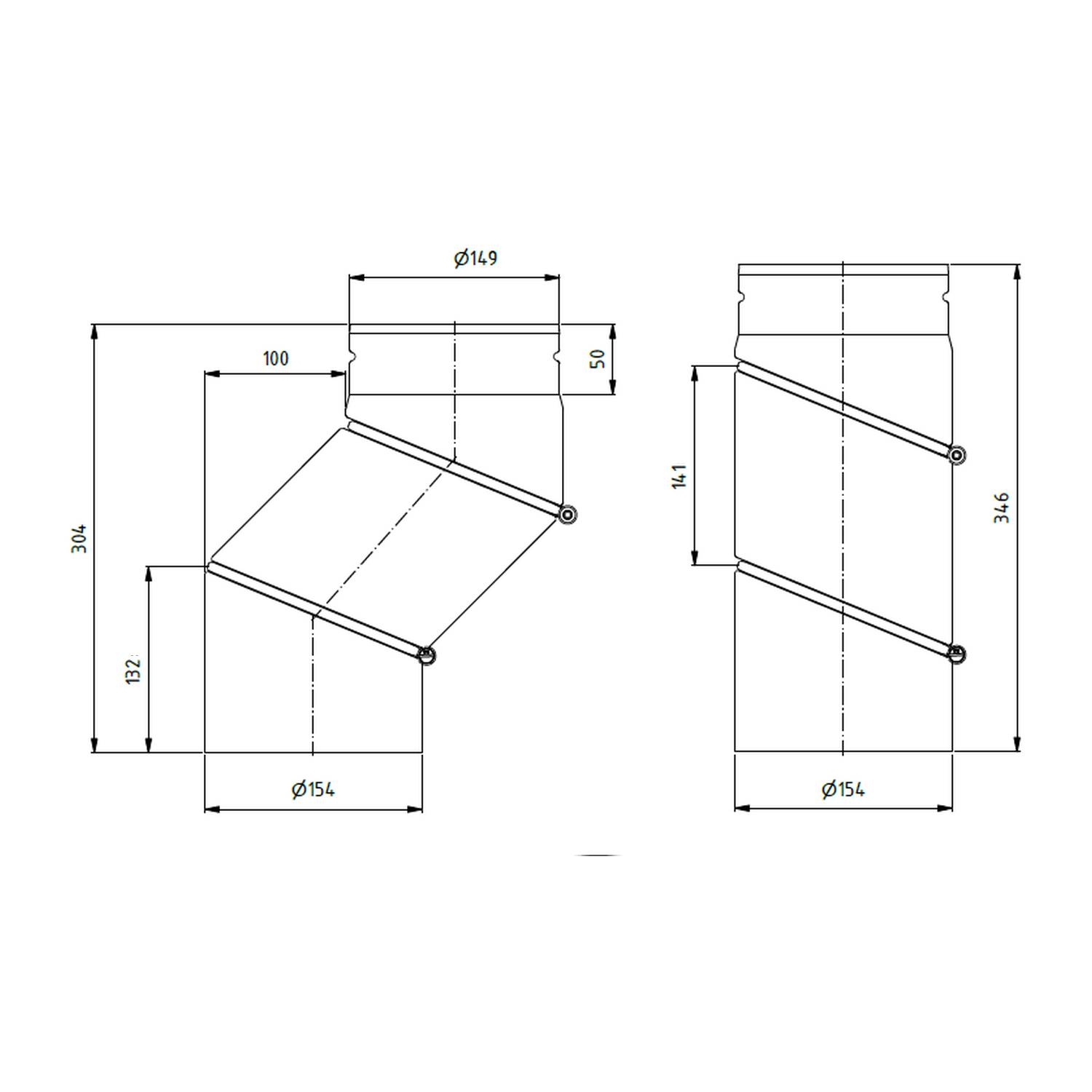 Raik coude décalé LS diamètre 150x304x2,00mm dessiné décalage15-100mm orientable noir