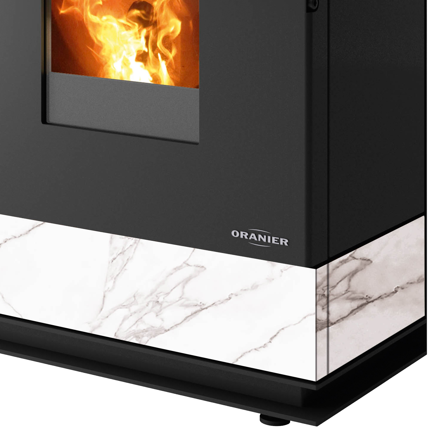 Oranier Boreas II poêle à granulés acier noir / pierre frittée marbre blanc, tuyau de fumée en haut