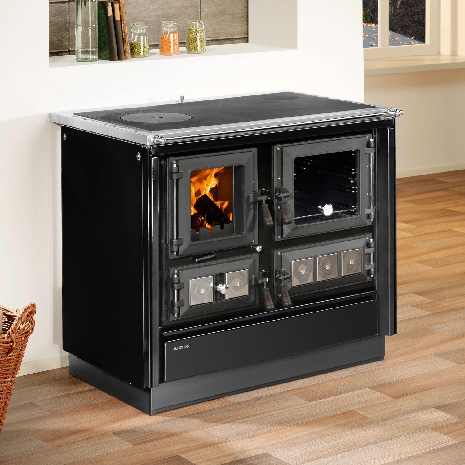 Justus Rustico-90 2.0 poêle de cuisine en acier noir, compartiment de cuisson à droite