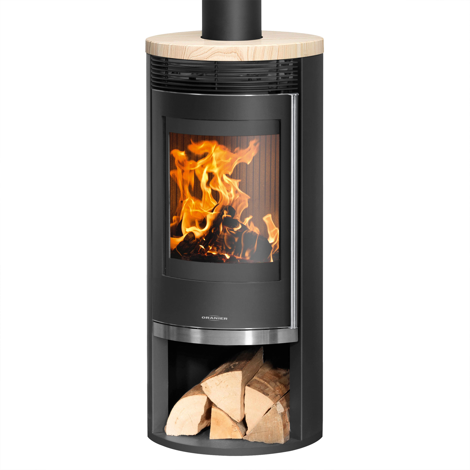 Poêle à bois Oranier Rota 2.0 en acier noir avec plaque de recouvrement en pierre de sable.