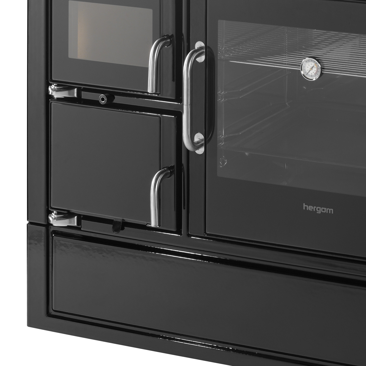 Hergom Eclecsys 100 SE cuisinière en fonte noire, avec couvercle de cuisinière en vitrocéramique.