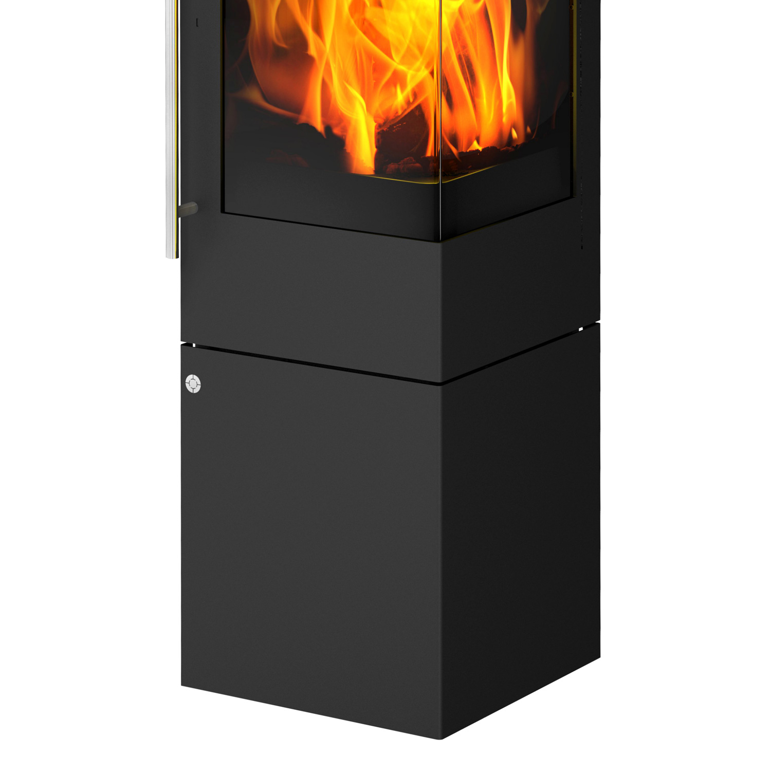 Poêle à bois Olsberg Ipala Smart Compact en acier noir, ouverture de porte à droite, porte en acier avec module d'accumulation.