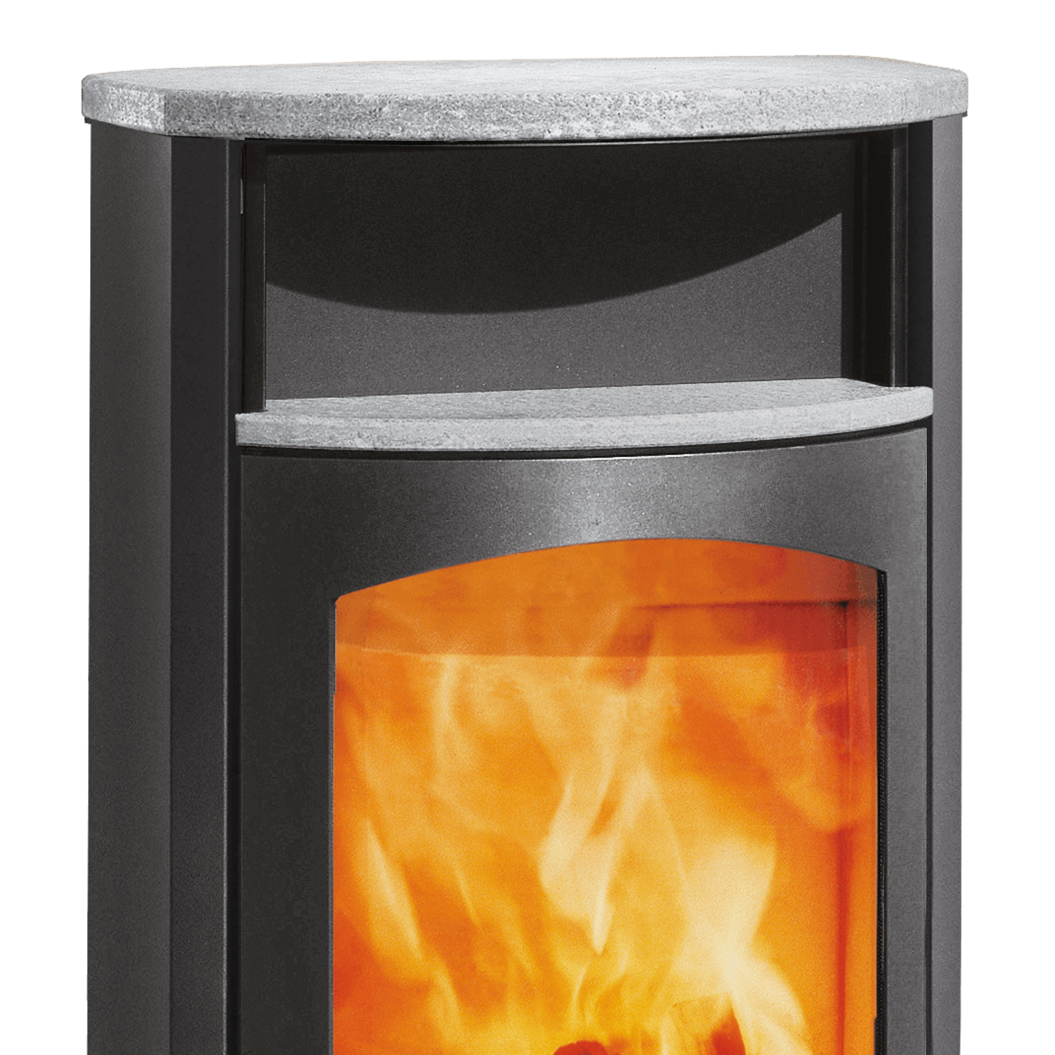 Austroflamm Koko 2.0 Poêle à bois en acier gris fonte, compartiment de maintien au chaud en pierre ollaire, plaque supérieure en pierre ollaire, sortie arrière RRA