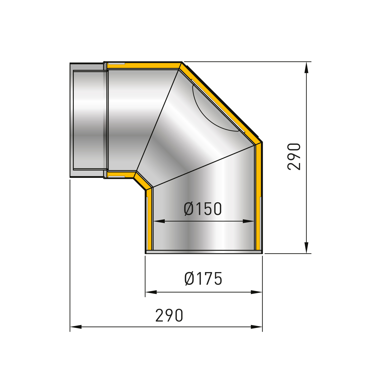 Coude de conduit de fumée Raik / Tuyau de poêle Izoker double paroi avec isolation, diamètre 150 mm, 90°, noir, avec ouverture de nettoyage Coude de conduit de fumée Raik / Tuyau de poêle Izoker double paroi avec isolation, diamètre 150 mm, 90°, noir, avec ouverture de nettoyage