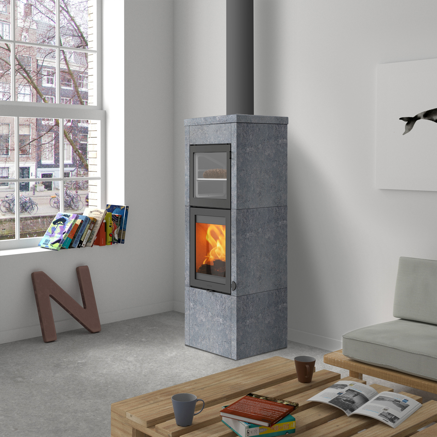 Lotus QM40 Poêle à bois en stéatite / Porte grise avec compartiment de cuisson, sortie de fumée par le haut