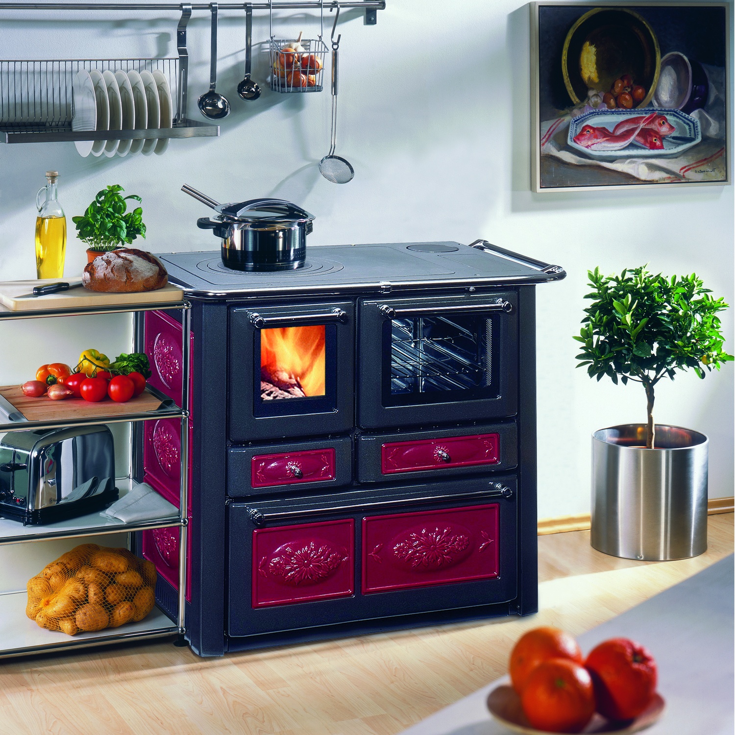 Westminster cuisinière à bois K 85 F II céramique rouge raccordement tuyaux gauche