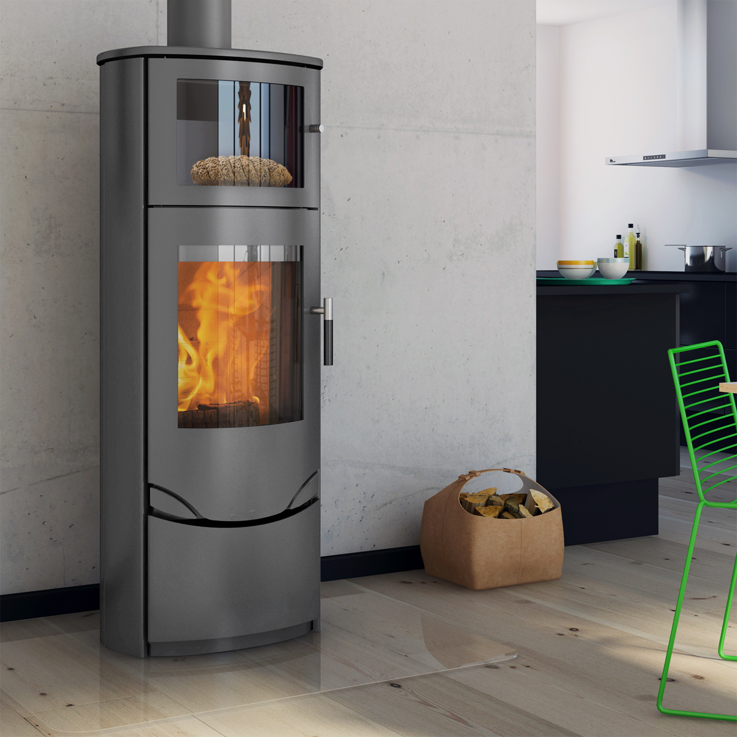 Poêle à bois Lotus Prio 7 gris avec compartiment de cuisson, évacuation des fumées par le haut