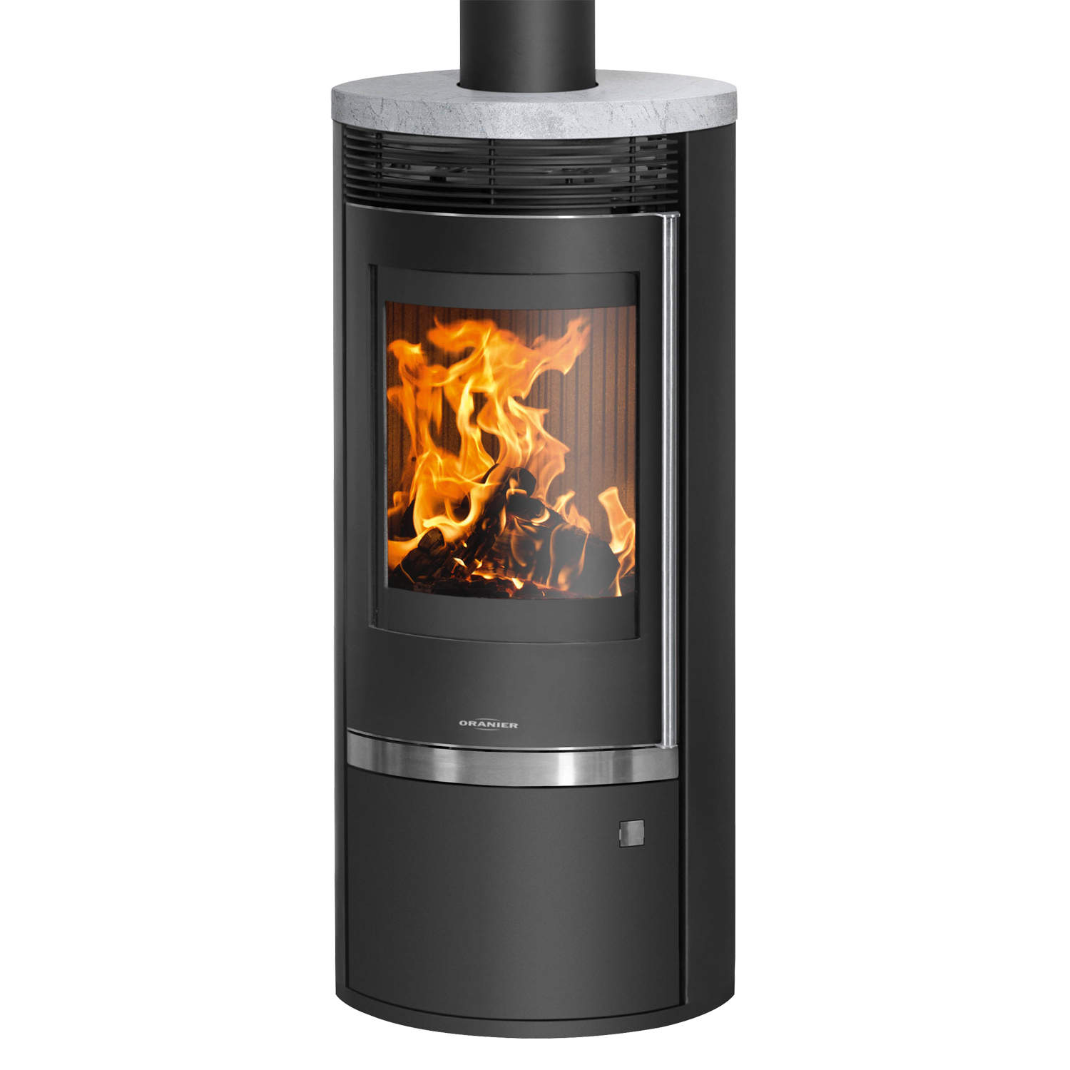 Poêle à bois Oranier Rota Top 2.0 en acier noir avec plaque de recouvrement en stéatite.