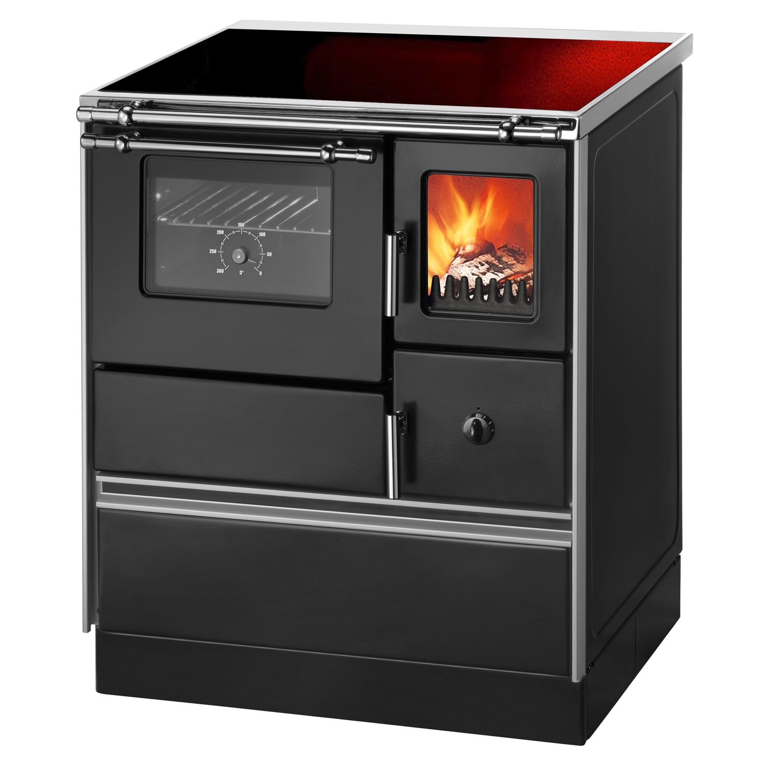 Wamsler K 176 F/A 70 Style Cuisinière à bois Noir, Plaque vitrocéramique, Four à gauche