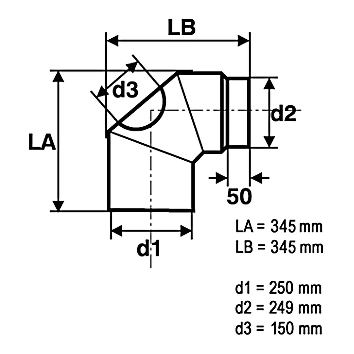 Coude de conduit de fumée Raik / Tuyau de poêle 250mm - 90° avec ouverture de nettoyage noir