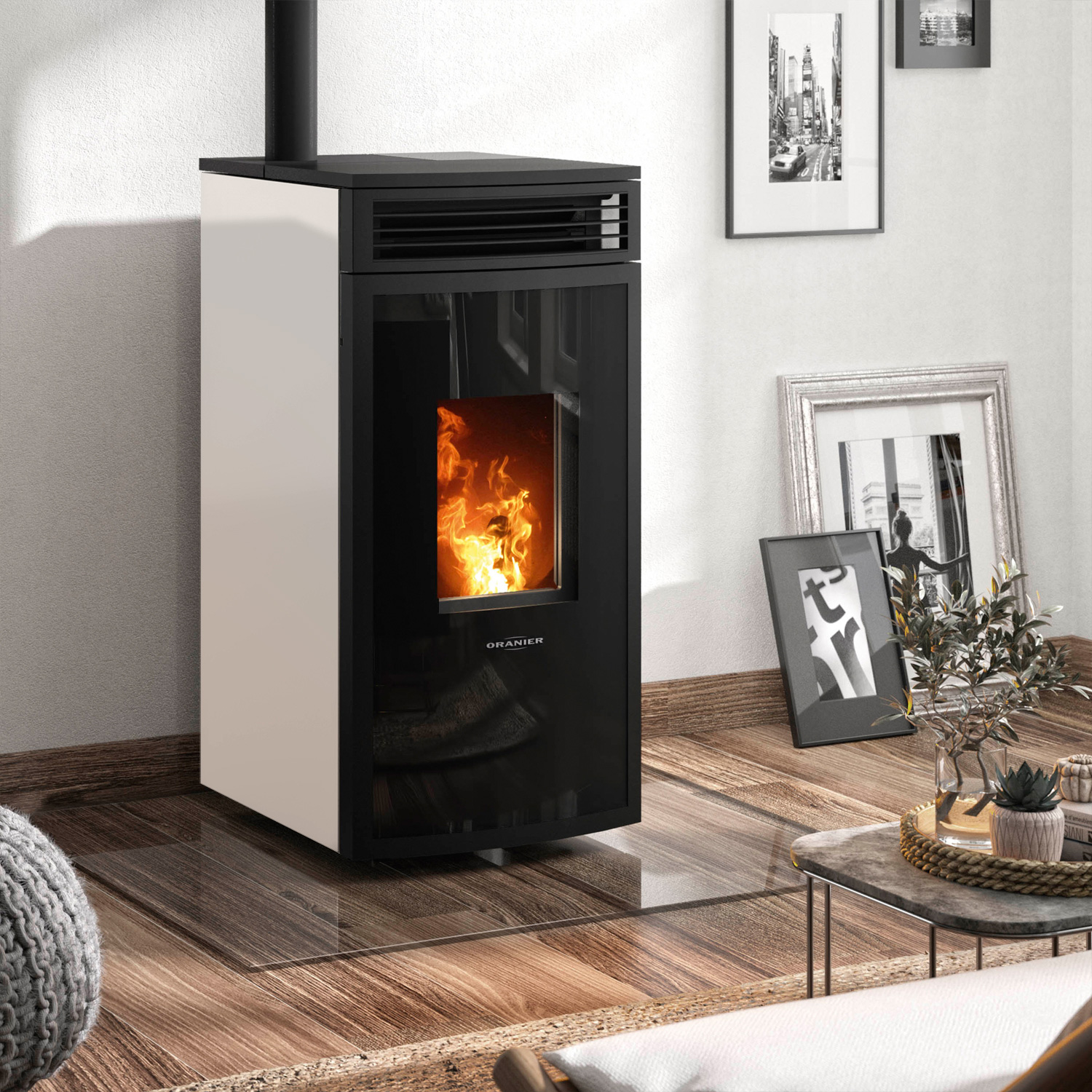 Oranier Neta poêle à granulés acier blanc soie, sortie de fumée en haut