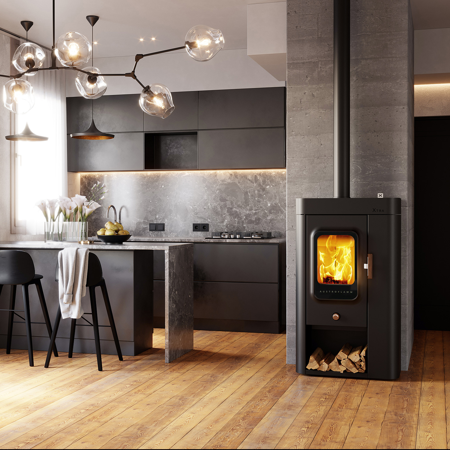 Poêle à bois Austroflamm Sina Xtra en acier gris fonte