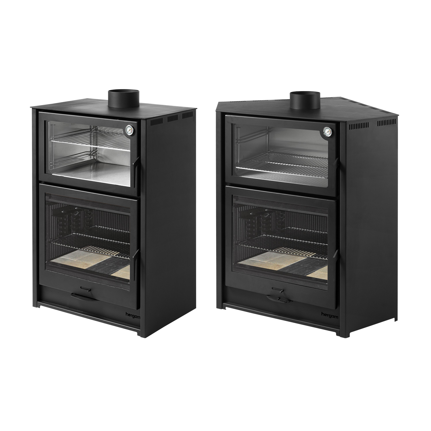 Poêle à bois Hergom Arce en acier noir avec compartiment de cuisson