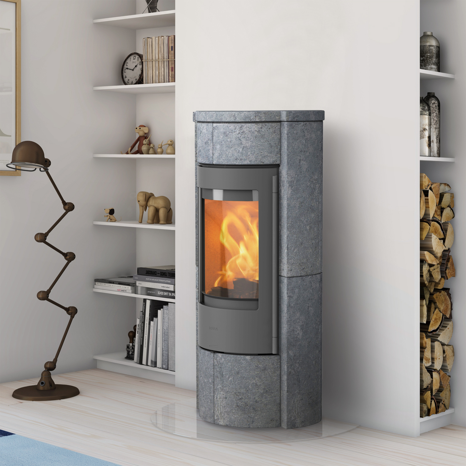 Poêle à bois Lotus Prestige M Gris / Pierre ollaire, évacuation des fumées à l'arrière