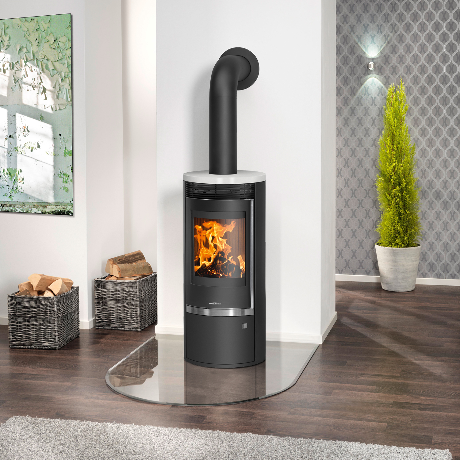 Oranier Rota Top 2.0 Poêle à bois en acier noir avec plaque de recouvrement en céramique blanc soie