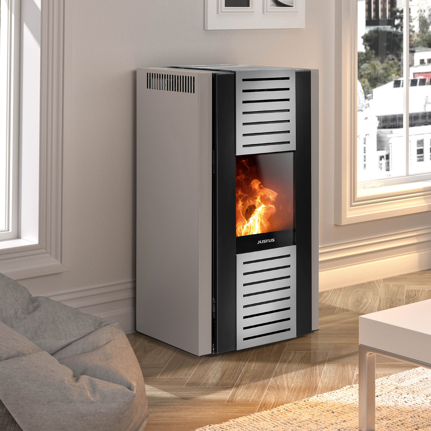 Justus Sirkos Aqua 2.0 Poêle à granulés avec échangeur d'eau Acier Taupe Justus Sirkos Aqua 2.0 Poêle à granulés avec échangeur d'eau Acier Taupe