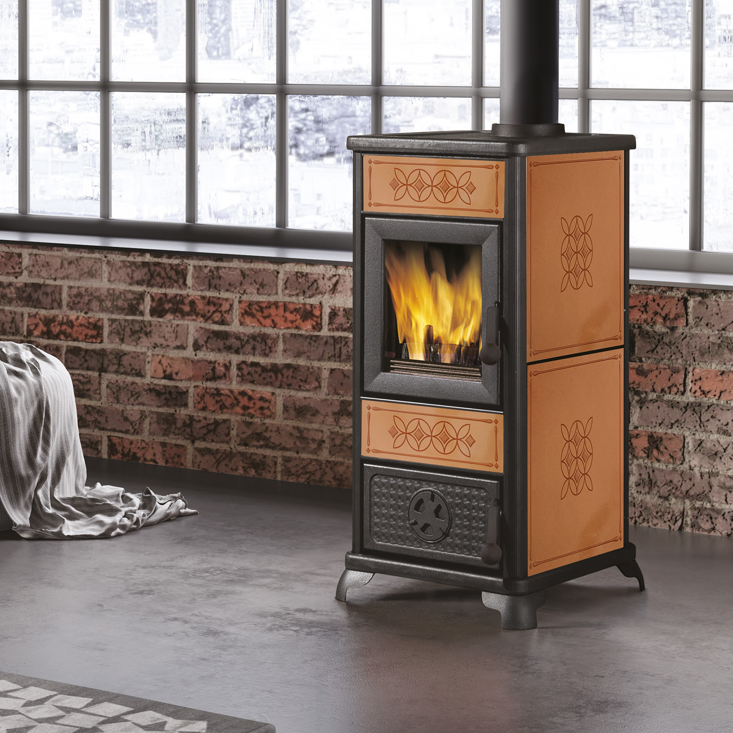 Poêle à bois décoratif EK63 en céramique et cuir avec sortie de fumée par le haut.