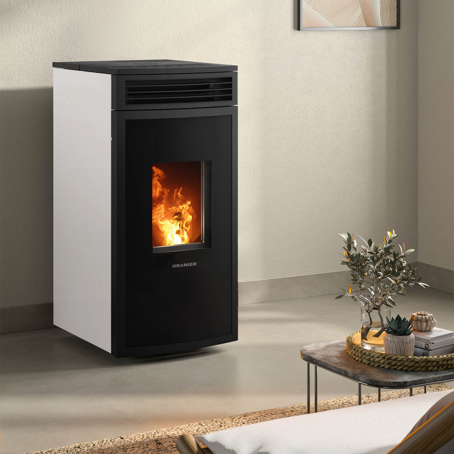 Oranier Neta poêle à bois blanc soie raccord arrière