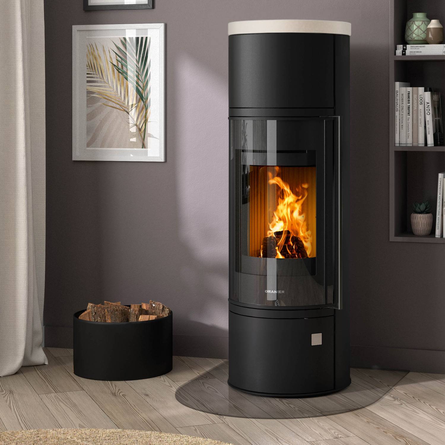 Oranier Arena W+ 2.0 Poêle à bois en acier noir avec plaque de recouvrement en pierre calcaire crème
