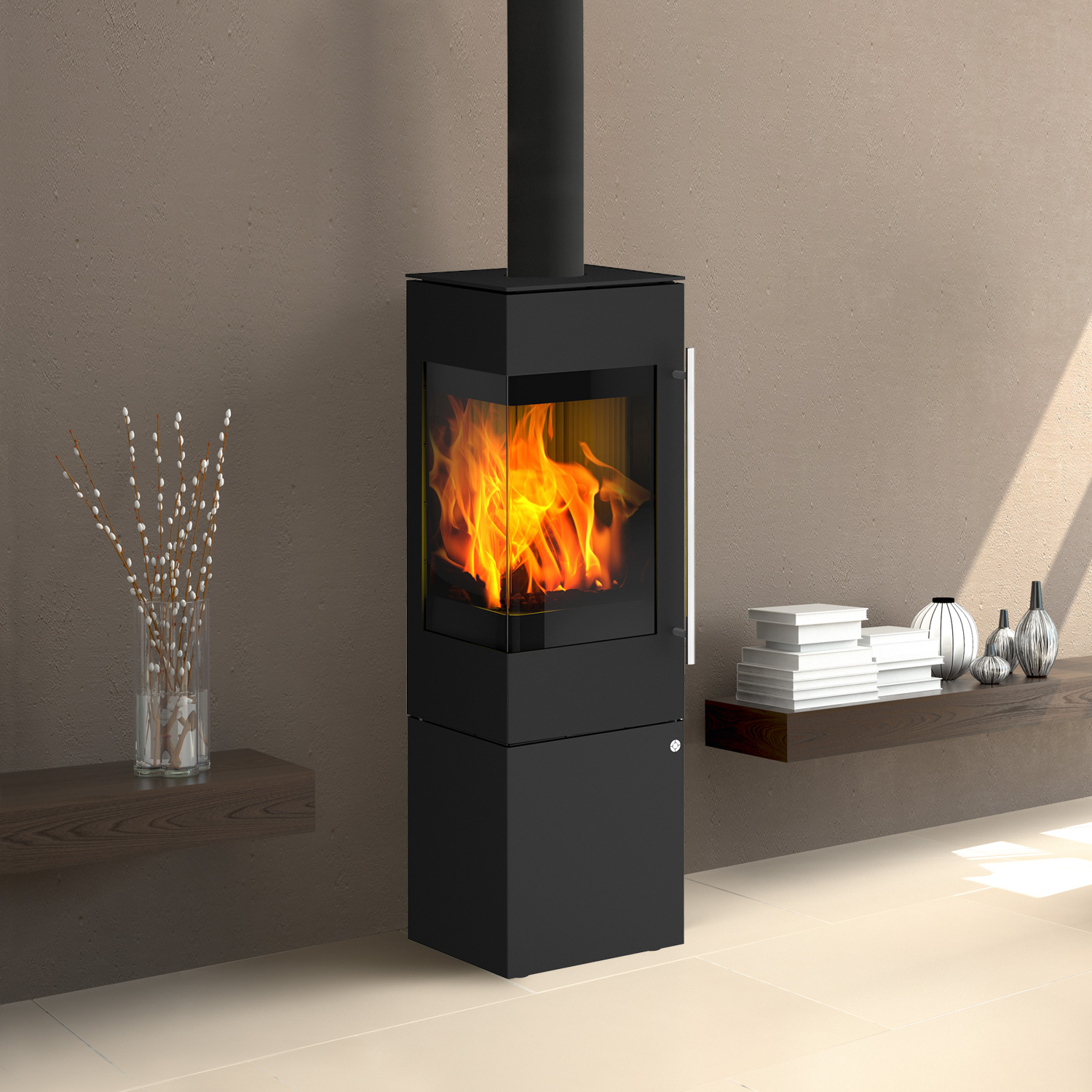 Olsberg Ipala Smart Compact poêle à bois en acier noir, charnière de porte à gauche, porte en acier avec module PowerBloc! inclus PowerBloc!