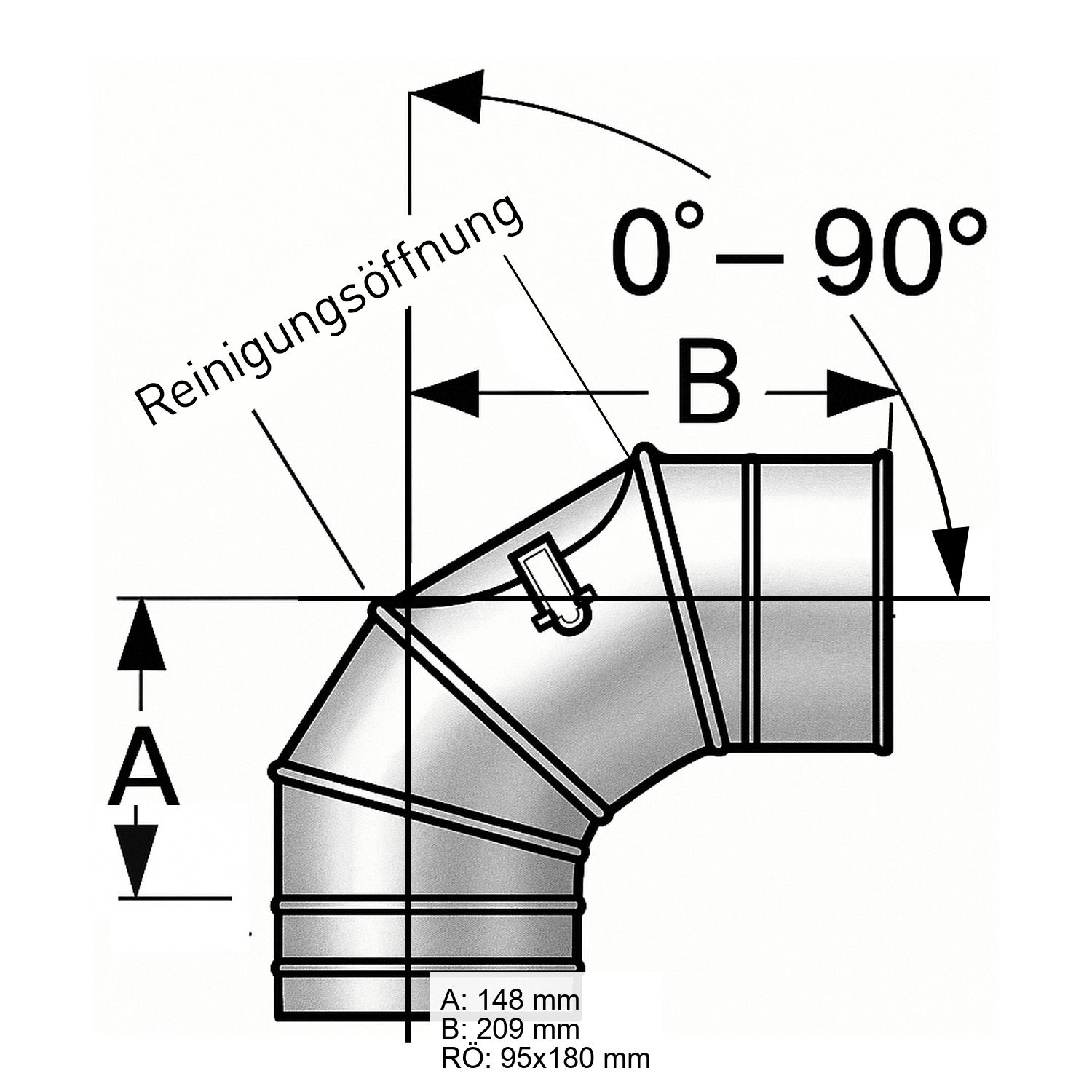 Schiedel PRIMA PLUS coude 0-90° orientable Ø130 mm avec ouverture de nettoyage plate pour combustibles solides simple paroi mat
