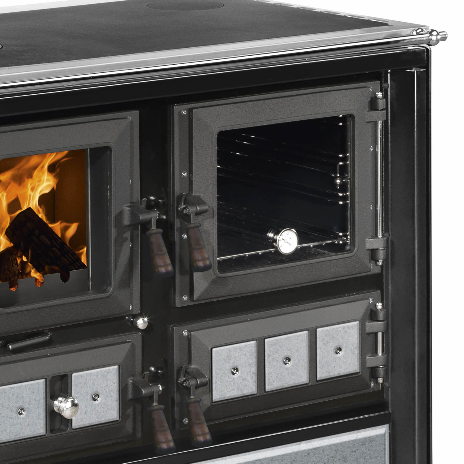 Justus Rustico-90 2.0 poêle de cuisine en acier noir, compartiment de cuisson à droite