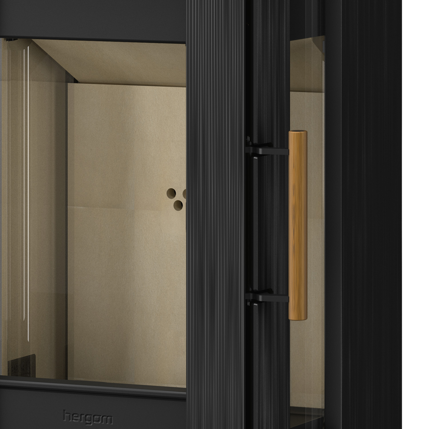 Poêle à bois Hergom Glow en fonte noire avec compartiment de rangement pour le bois