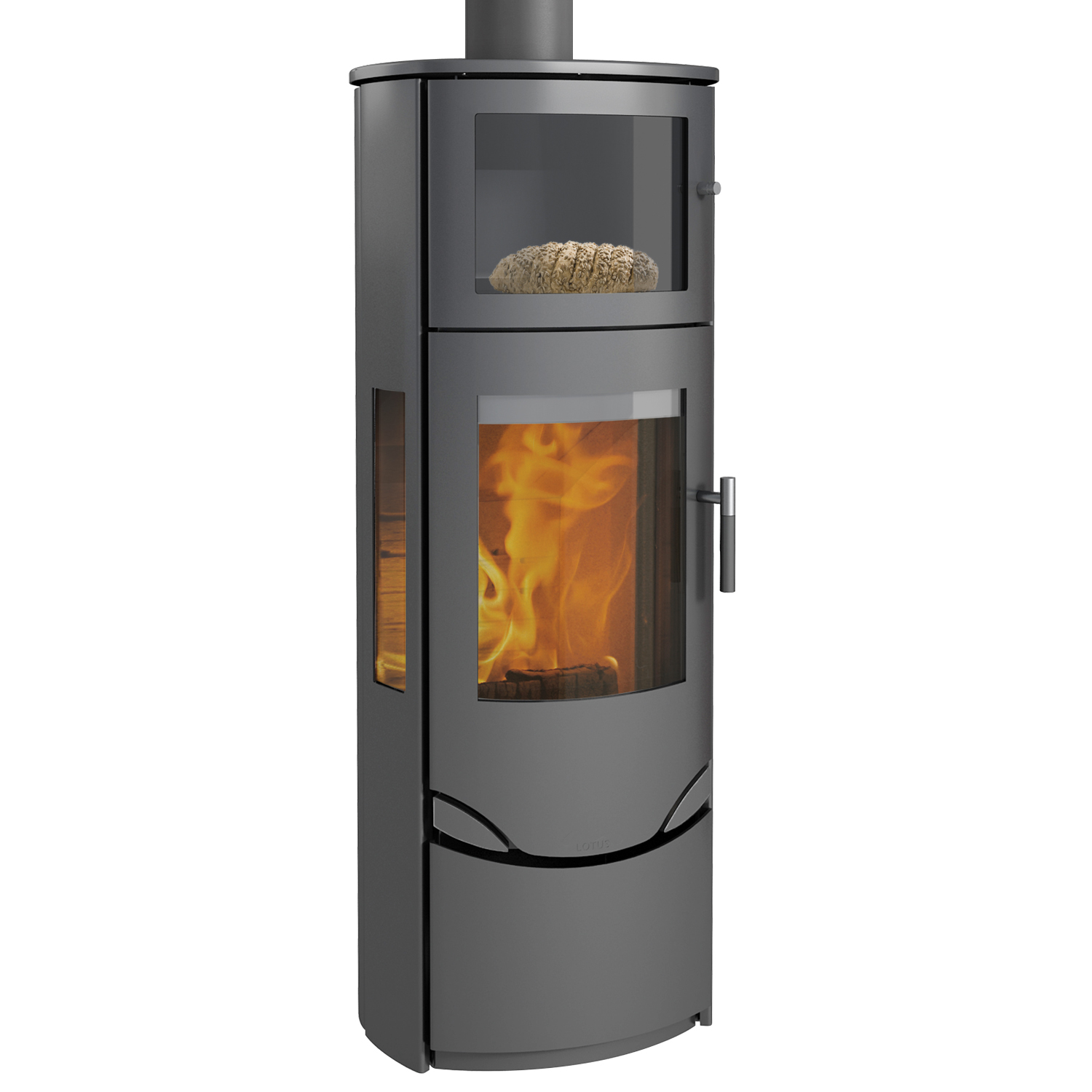 Lotus Prio 7 Poêle à bois Acier Gris avec Compartiment four / Verre latéral , RR arrière ou RR haut