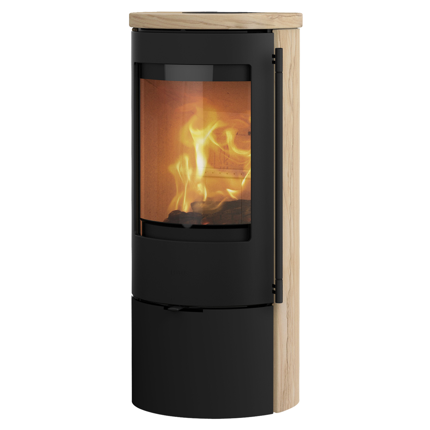 Lotus Prestige Basic S Poêle à bois en pierre de sable, corps noir, DIBt, raccordement du conduit de fumée à l'arrière.