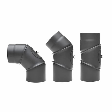 Trois coudes de tuyaux de fumée noirs sous différents angles.