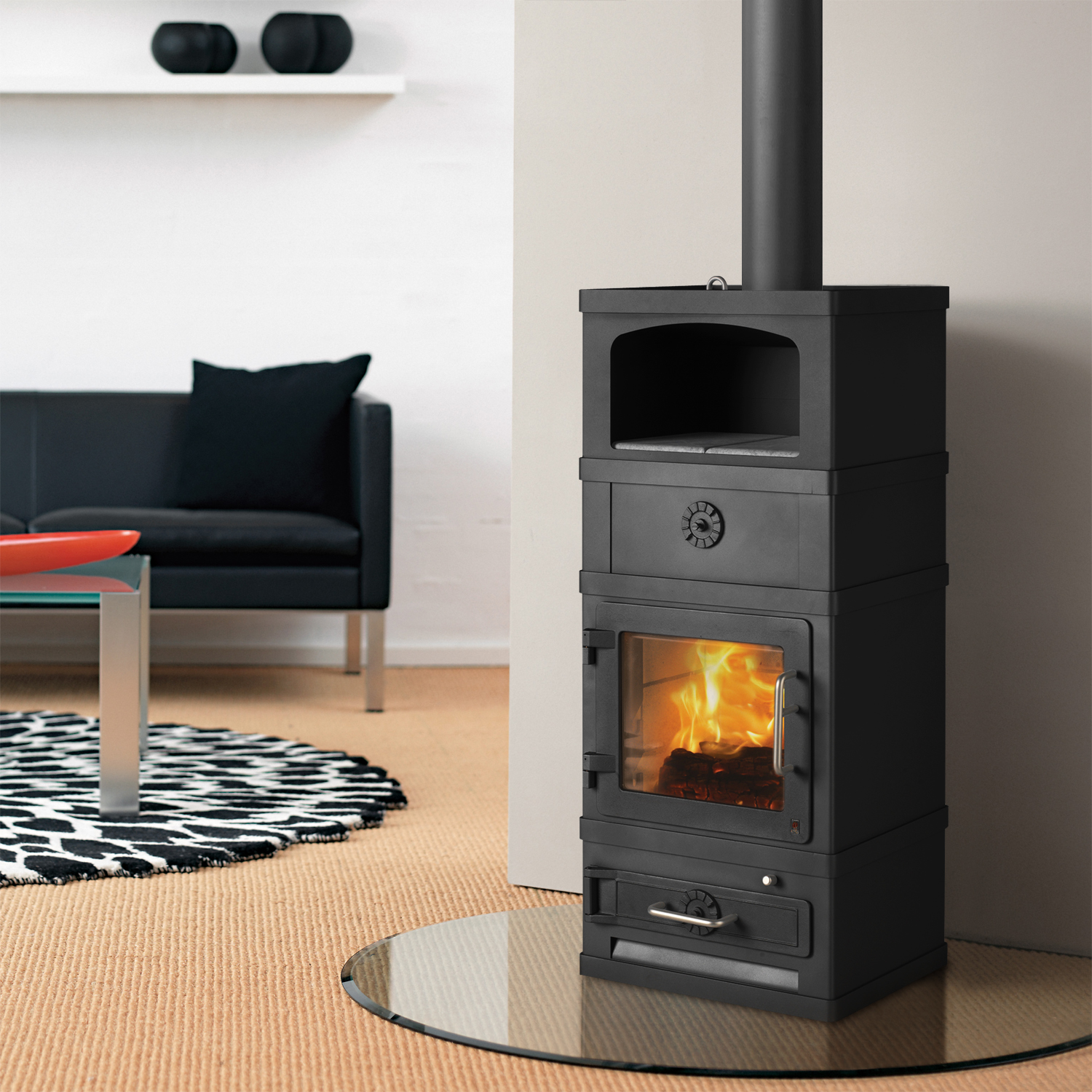 Poêle à bois Lotus 2060 avec compartiment de maintien au chaud, noir, sortie de fumée par le haut.