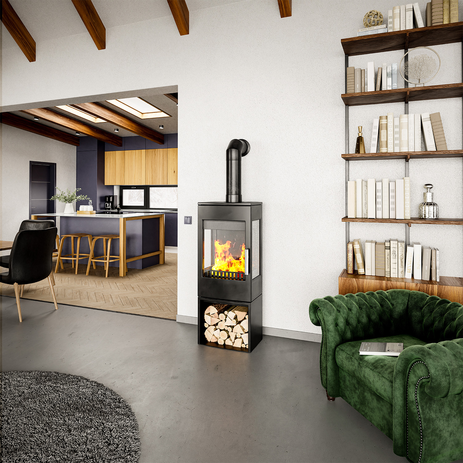 Haas+Sohn WIEN.l easy III 3 vitres avec compartiment range-bûches poêle à bois sans porte noir profond