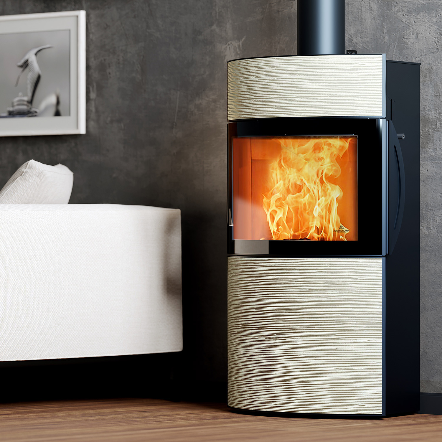 Austroflamm Fynn Xtra 2.0 poêle à bois acier noir/ revêtement céramique rainure Monstein 100