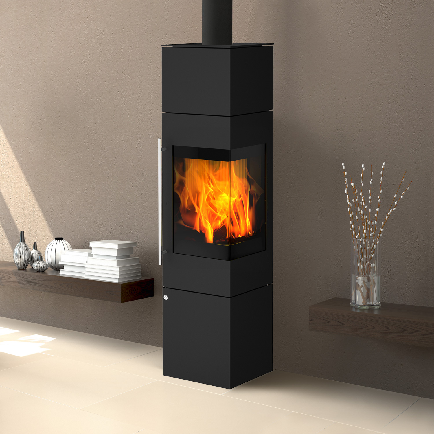 Poêle à bois Olsberg Ipala Smart Compact en acier noir, ouverture de porte à droite, porte en acier avec module d'accumulation.