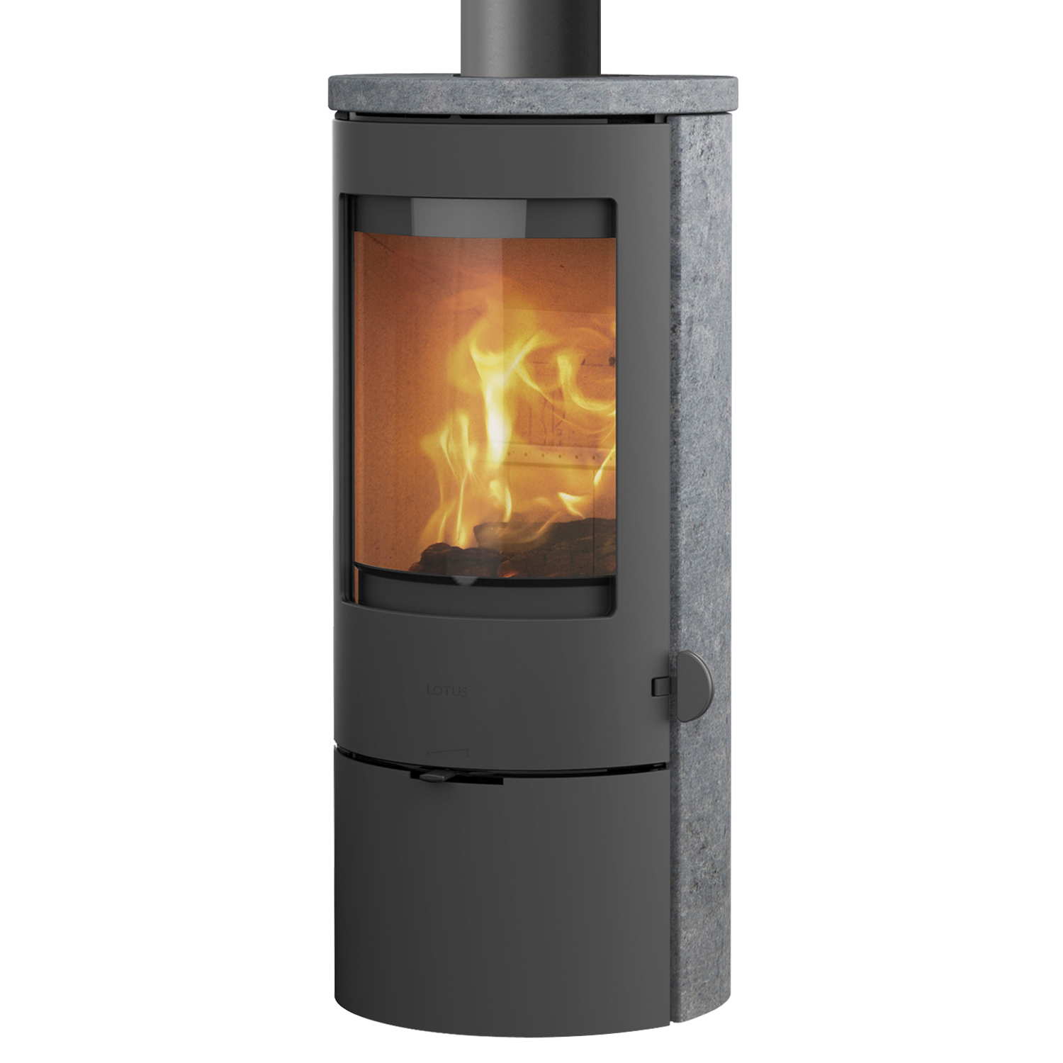 Lotus Prestige Basic S poêle à bois en pierre ollaire, porte grise, évacuation des fumées par le haut.