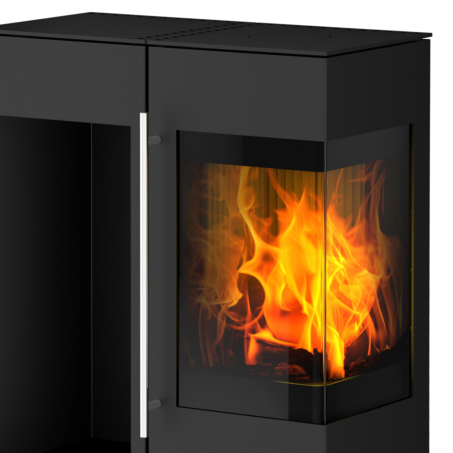 Olsberg Ipala Smart Compact poêle à bois en acier noir, ouverture de porte à droite, porte en acier avec étagère en bois à gauche