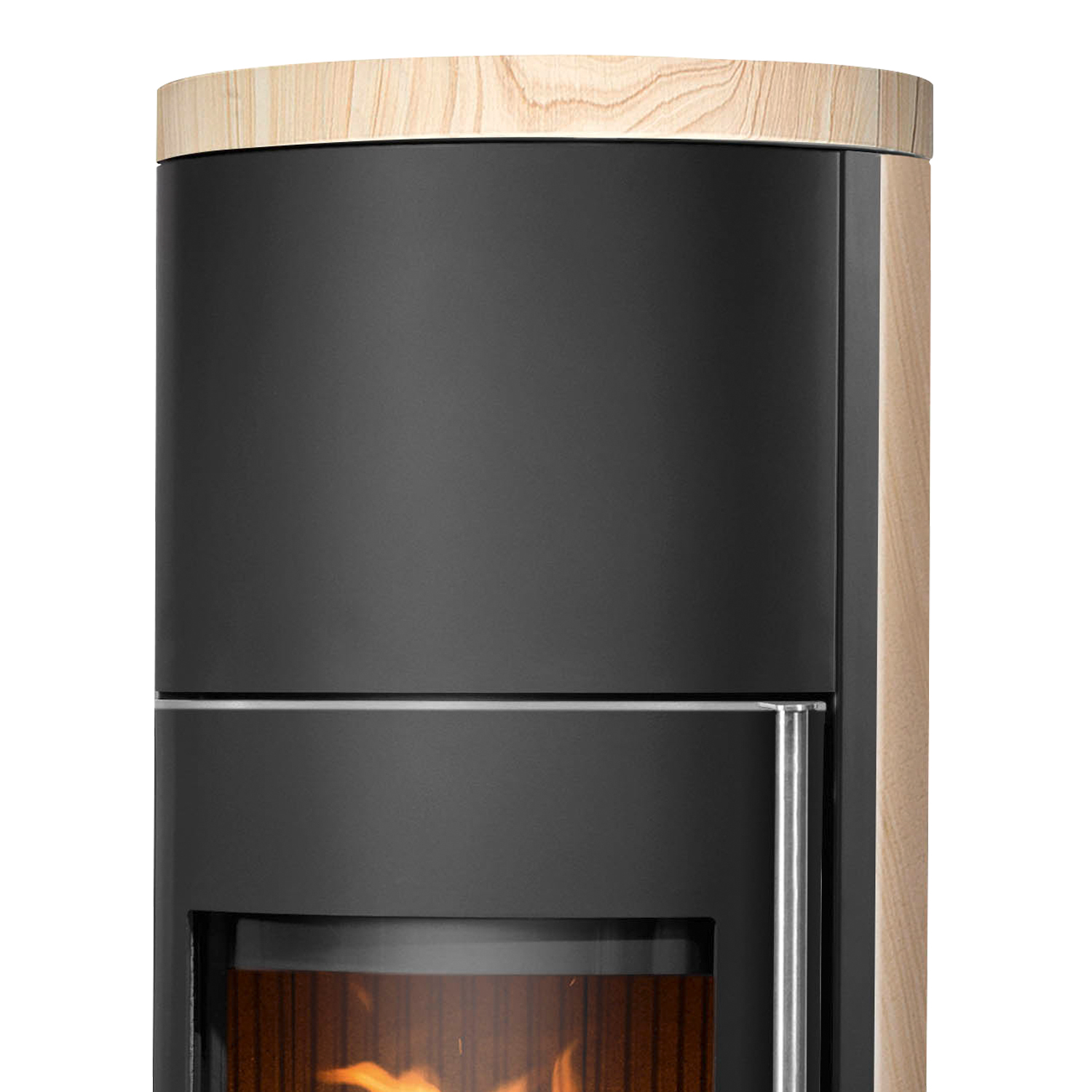 Justus Faro W+ 2.0 Poêle à bois en acier noir avec revêtement en pierre de sable.