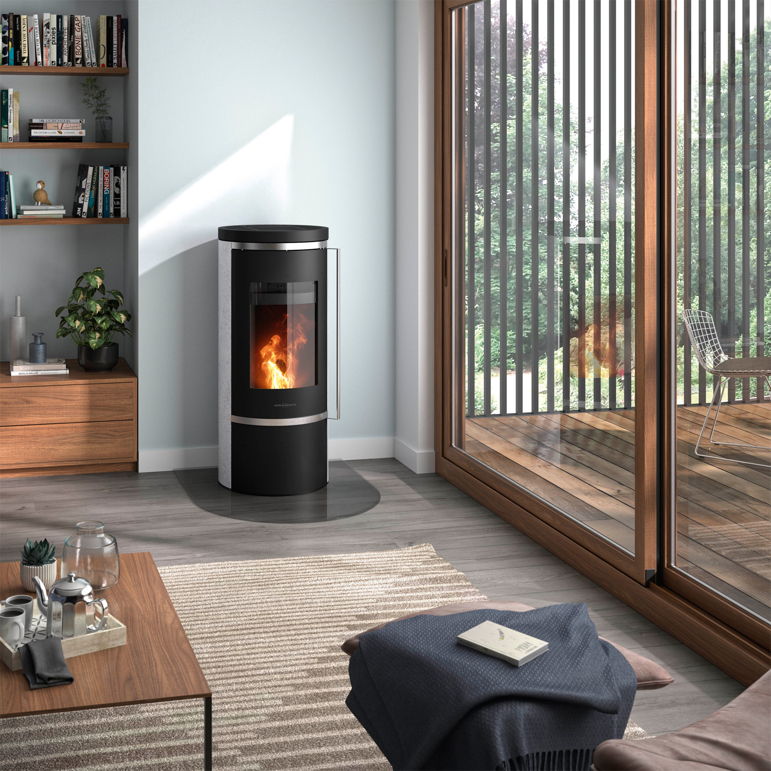 Oranier Carus Aqua 2.0 Poêle à granulés hydro en acier noir / pierre calcaire crème