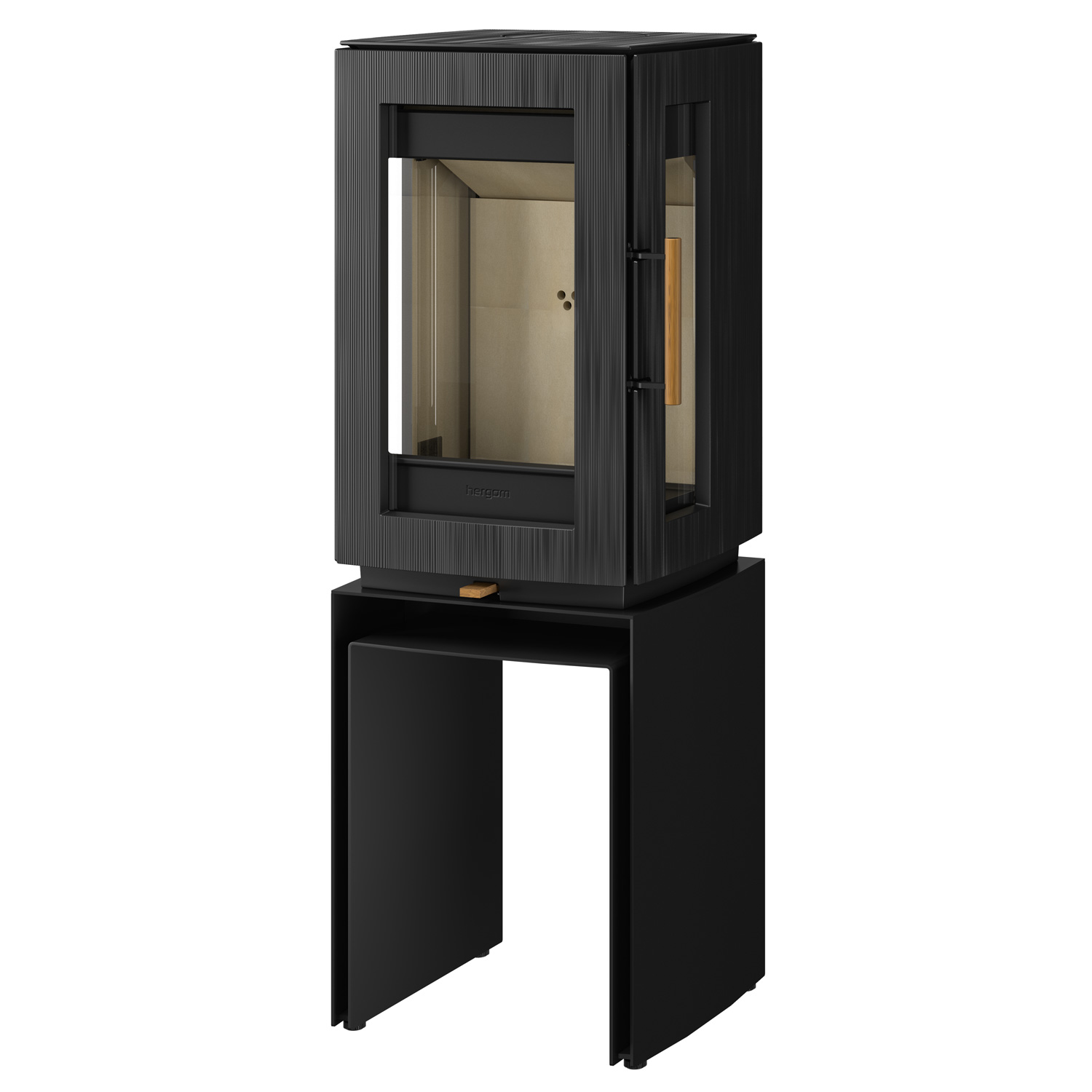Poêle à bois Hergom Glow en fonte noire avec rehausse de banc