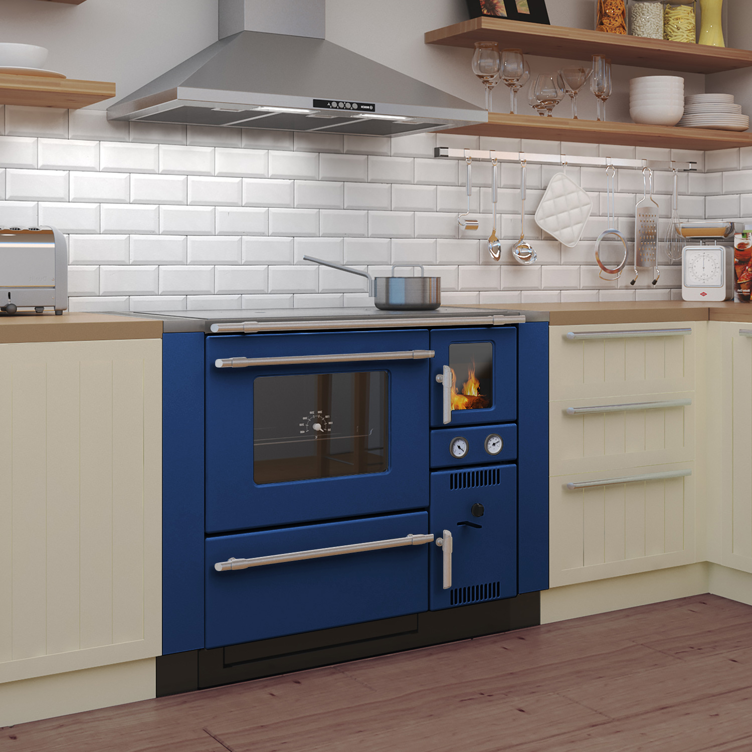 Wamsler K 148 Poêle de cuisine avec échangeur d'eau Bleu/Mat, Tuyau de fumée à gauche