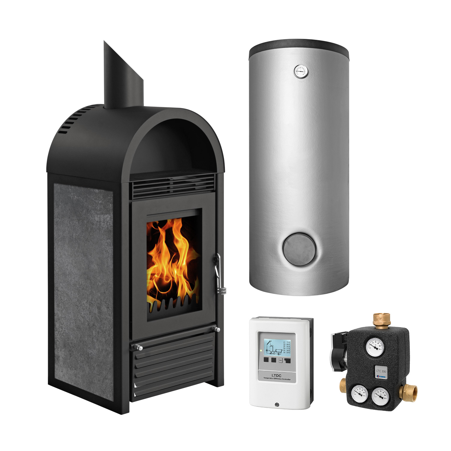 Schmitzker Marbella Céramique Anthracite Poêle à bois bouilleur - Ensemble complet avec ballon tampon TPSM 300L