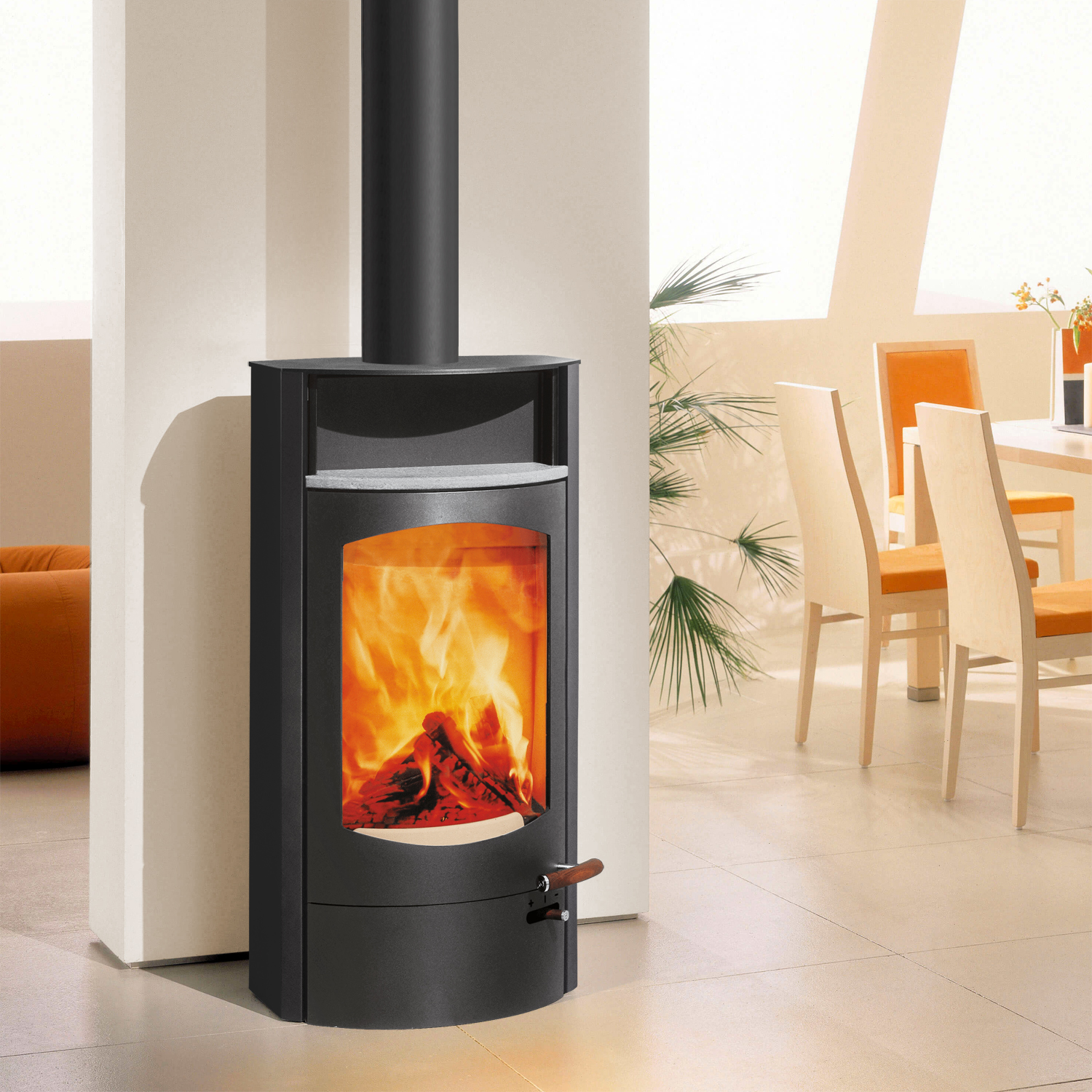 Austroflamm Koko 2.0 Poêle à bois en acier gris fonte, compartiment de maintien au chaud en stéatite, plaque supérieure en fonte, sortie de fumée par le haut.