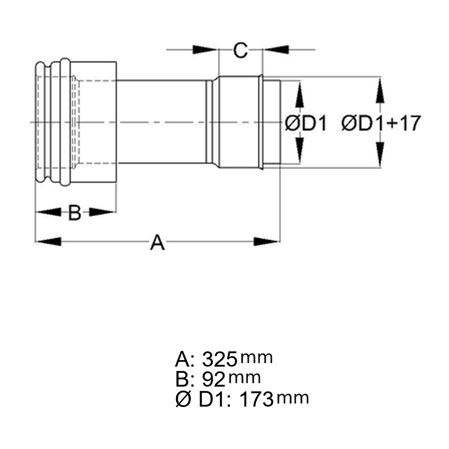 Manchon de raccordement Schiedel Ø130 simple paroi, raccourcissable pour ICS Ø180 mm double paroi brillant