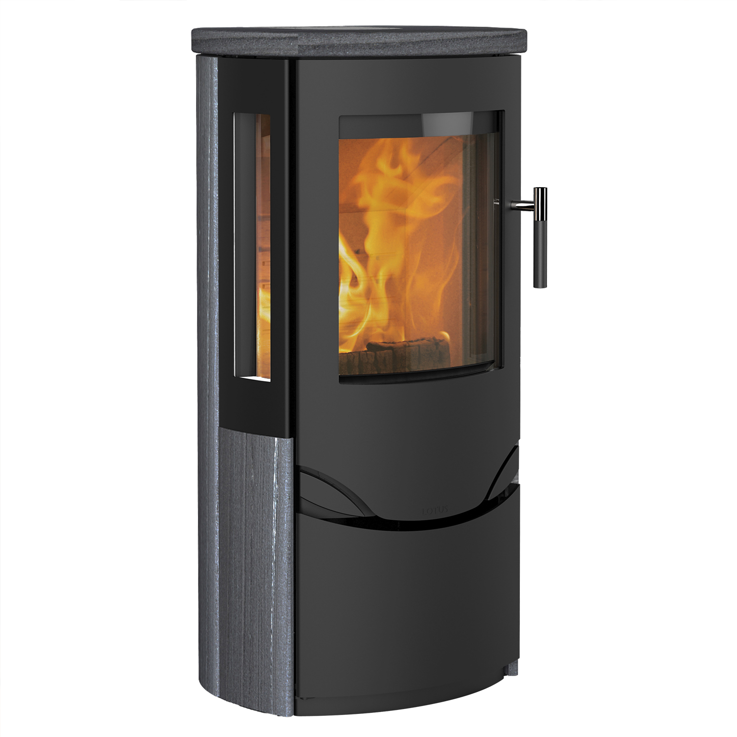 Poêle à bois Lotus Prio 6 Noir/ Indian Night, évacuation des fumées à l'arrière Poêle à bois Lotus Prio 6 Noir/ Indian Night, évacuation des fumées à l'arrière